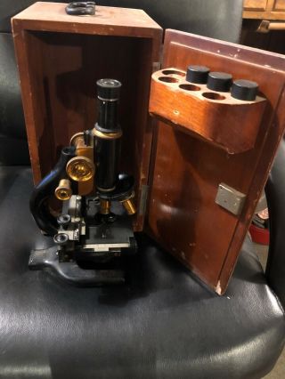 Vintage Antique Spencer Buffalo Co.  Scientific Brass Microscope W/ Wooden Box