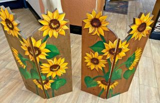 Vtg Solid Sunflower Hand Painted Wooden Room Dividers - Set Of Two -