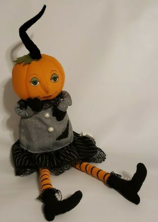 Halloween Primitive Vintage Style Pumpkin Head Witch Doll Shelf Sitter Decor Bat