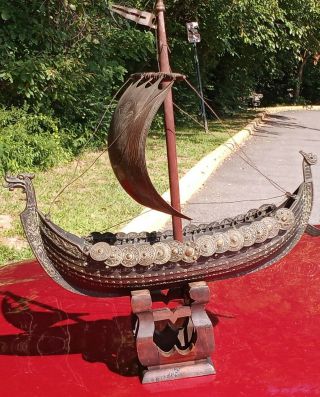 Vintage Denmark Bronze Metal Viking Ship Nautical Boat Mid Century Art Statue
