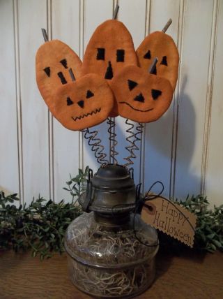 Early Halloween Offering - Prim Handmade Jack - O - Lanterns In Vintage Oil Lamp Base