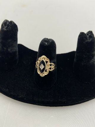 Vtg Antique Art Deco 10k Solid Gold Black Onyx & Natural Diamond Ring - Filigree