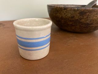 Vintage Blue Striped Stoneware Primitive Custard Cup Mini Crock Farmhouse 2.  5 "