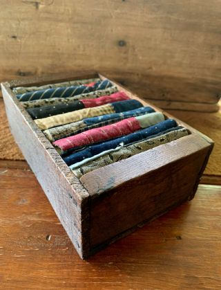 Wooden Box Old Nails W/ Early Blue Black Brown Calico Quilt Scrapes Textiles