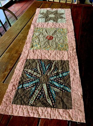 Early 45 In Runner Size Early Quilt Piece Brown Red Calico Primitive Textiles