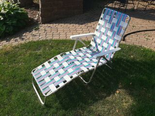 Vintage Aluminum Folding Webbed Chaise Lounge Lawn Chair Sun Terrace Weave Woven