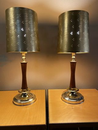 Mid Century Modern Teak And Brass Accent Lamps Danish Vintage W/shades Pair