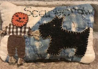 Primitive Scarecrow Scottie Dog Shelf Pillow - Made From Vintage Quilt