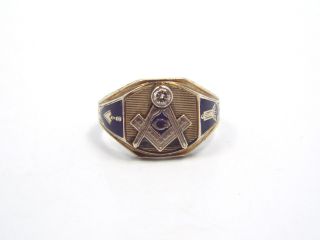 Vintage 14k White Gold Enamel Diamond Mason Ring,  Size 7