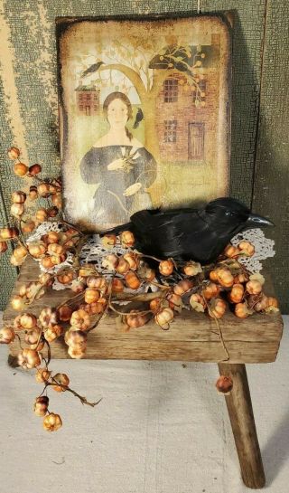 Primitive Vintage Folk Art Shaker Style Fall Autumn Crows House Lady Canvas