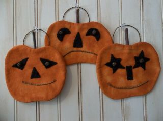 Early Halloween Offering - Trio Of Primitive Handmade Jack - O - Lantern Ornaments