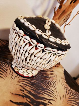 African Cowrie Shell Woven Basket W/lid - Vintage