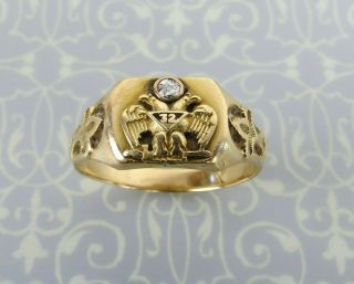 Masonic Ostby Barton 32 degree 14k Gold diamond ring fleur de lis sz 11.  25 2