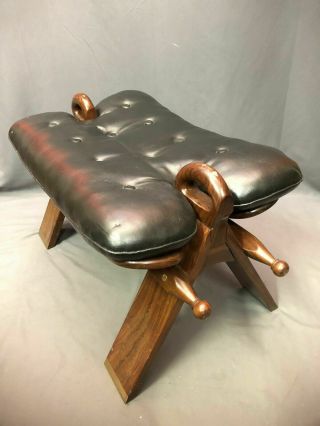 Brass Inlay Wood Frame Camel Saddle Stool Vintage Large Footstool