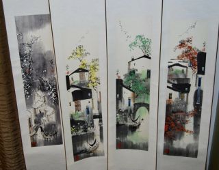 4 Vintage Mid Century Japanese Asian Four Seasons Scroll Set Watercolor Sumi - E