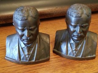 Antique Set Of Rare Teddy Roosevelt Bronze Bust Bookends 1920’s By Jennings Bros