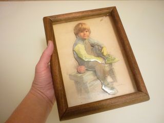 Antique Vintage Picture - Boy Child - Layered For 3d Effect - Framed Wood Glass