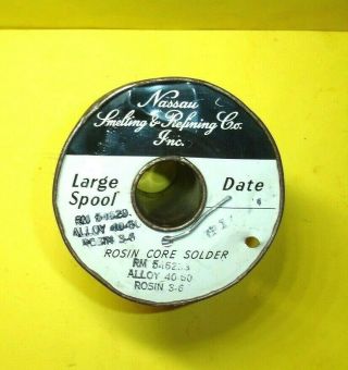 Large Spool 3.  8 Lbs Vintage Nassau Smelting Rosin Core Solder 40 - 60 Dated 1954
