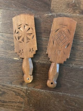 2 Vintage Carved Primitive Lollipop Style Wood Wooden Butter Mold Paddles
