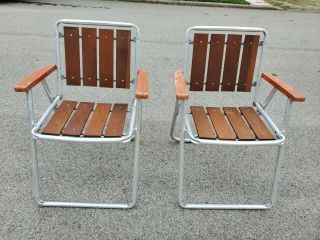 Set Of 2 Vtg Mid Century Aluminum Folding Redwood Wood Lawn Chair Seat