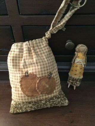 Early Primitive Handmade Halloween Fall Ditty Bag And Clothes Pin Doll