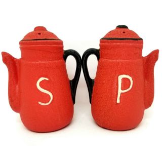 Vintage Red Salt & Pepper Shakers Teapots Coffee Pots Set Mcm Decor Kitchen