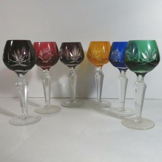 6 Vintage Bohemian Cut Crystal Cordial Glasses 5.  5 " 6 Colored Long Stemmed