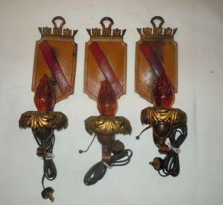 3 Vtg Wall Sconces Spanish Revival/knight/medieval/gothic Polychrome Fixtures