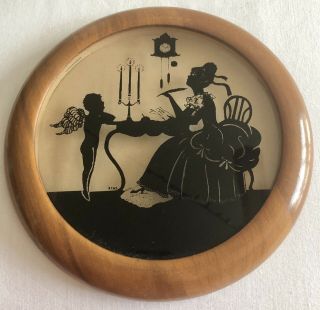 Vintage Reverse Painted Glass Silhouette Round Picture With Wood Frame