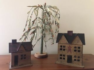 Primitive Mustard Red Black Large And Small Paper Mache House Country Decor Set