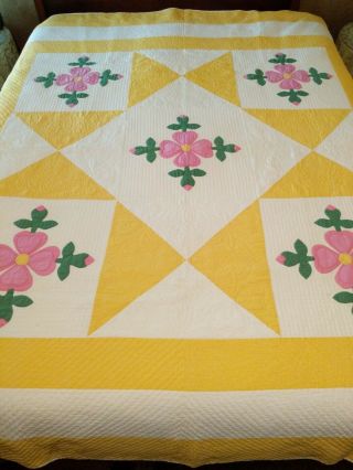 Rose Of Sharon Vintage Queen Size Quilt Hand Stitched