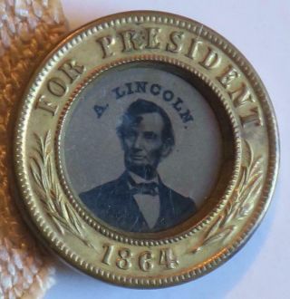 1864 Abraham Lincoln For President Ferrotype Photo Stick - Pin,  Dated Brass Frame