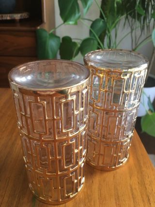 Vintage Mcm Set Of 2 Imperial Glass Shoji Pattern 22k Gold On Highball Glasses
