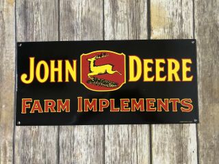 Vintage “john Deere Farm Implements” Porcelain Metal Enamel Shop Farm Sign 18x8”