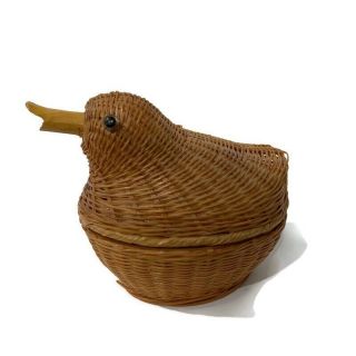Small Woven Basket With Lid Hen Duck Chick Rattan Wicker Bamboo Miniature Bird