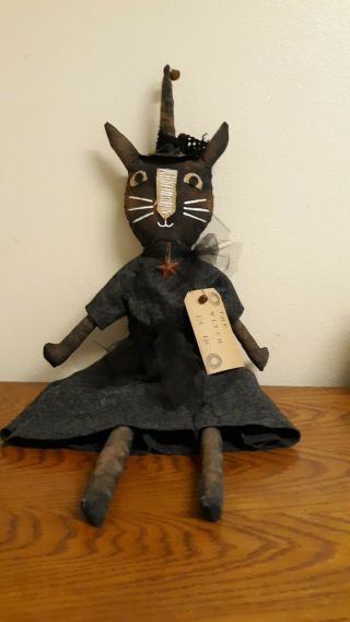 Primitive Halloween Black Cat Witch Doll Hang Tag