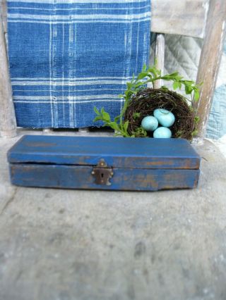 Early Antique Wood Pencil Box Cupboard Blue Milk Paint