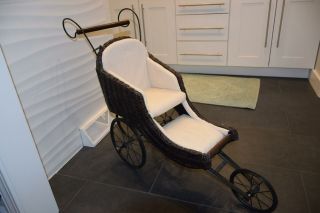 Antique Vintage Wicker Baby Carriage,  Pram,  Doll Stroller