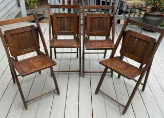 Vintage Antique Wooden Folding Chairs Wood Slat Seats Pair Set Need Tlc Set Of 4