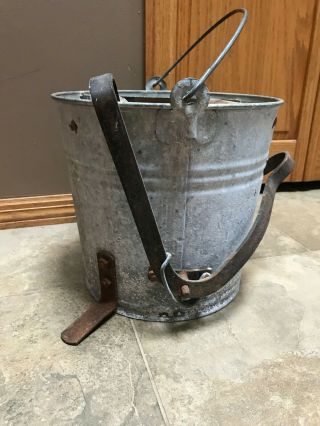 Vintage Heavy Galvanized Metal Mop Bucket With Wood Rollers Wringers