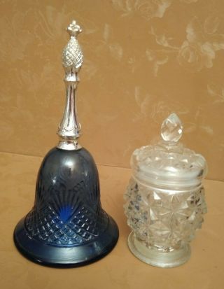 Vintage Avon Glass Blue/silver Bell (empty) Bottle & Clear Glass Jar