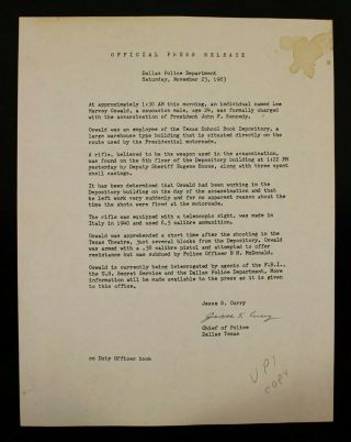 1963 President John F.  Kennedy Jfk Assassination Press Release