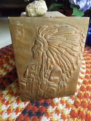 Primitive Vintage Folk Art Tooled Copper Native American Indian Chief Wall Hang 2