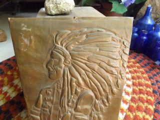 Primitive Vintage Folk Art Tooled Copper Native American Indian Chief Wall Hang 3