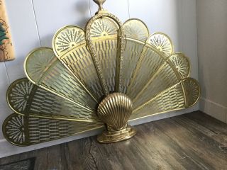 Vintage Brass Fireplace Screen Fence Fans Out In Holder