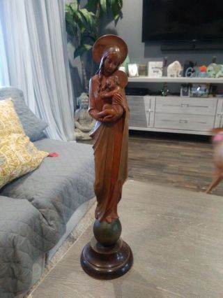 Vintage Anri Wood Carved Madonna 21 1/2 " Virgin Mary And Child Sculpture