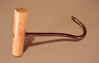 Antique Cast Iron Metal Hay Bale Meat Ice Hook 8 " Wood Handle