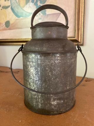 Antique Vtg Metal Tin Milk Can Pail Container With Lid And Handle 9.  5 " Rustic