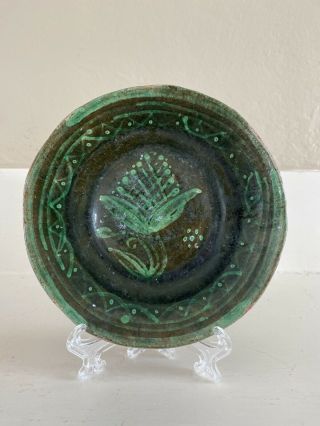Antique 19th C Stoneware Redware Slip Decorated Green Black Dish Plate