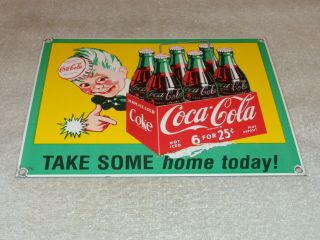 Vintage Coca Cola Sprite Boy W/ 6 Pack Bottles 11 " Porcelain Metal Soda Pop Sign